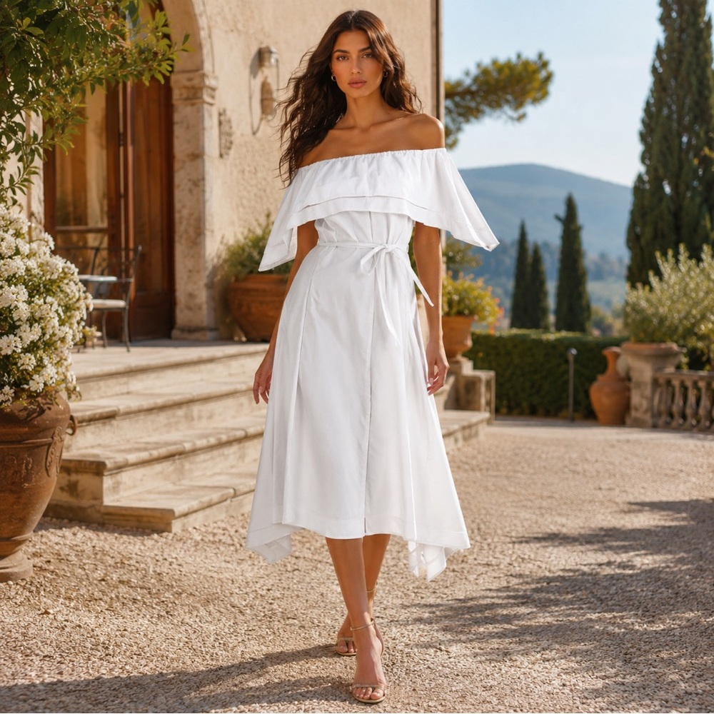 New Theory Off The Shoulder Eyelet Asymmetrical white Dress